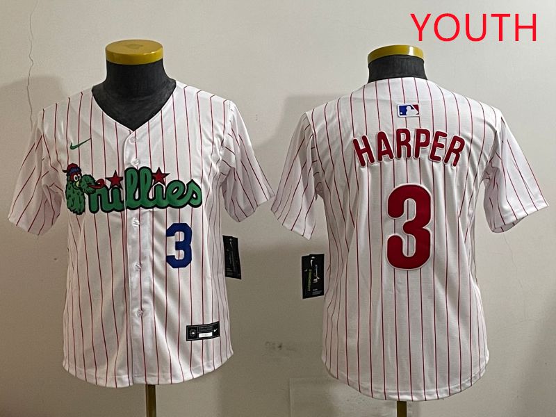Youth Philadelphia Phillies #3 Harper White three generations Joint Name Nike 2025 MLB Jersey style 3->youth mlb jersey->Youth Jersey
